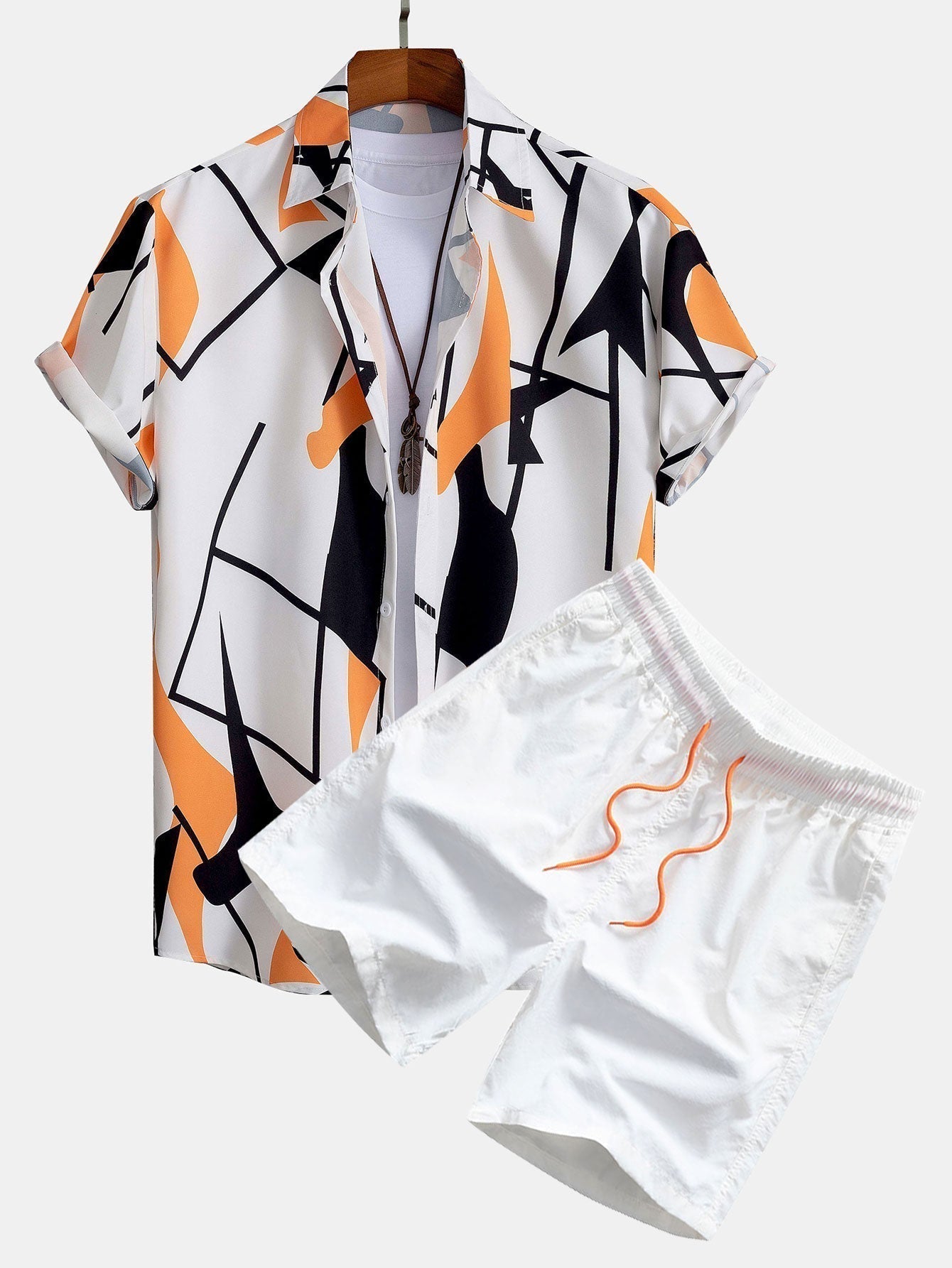 Kleurblok met abstracte print, overhemd en zwemshort met knopen