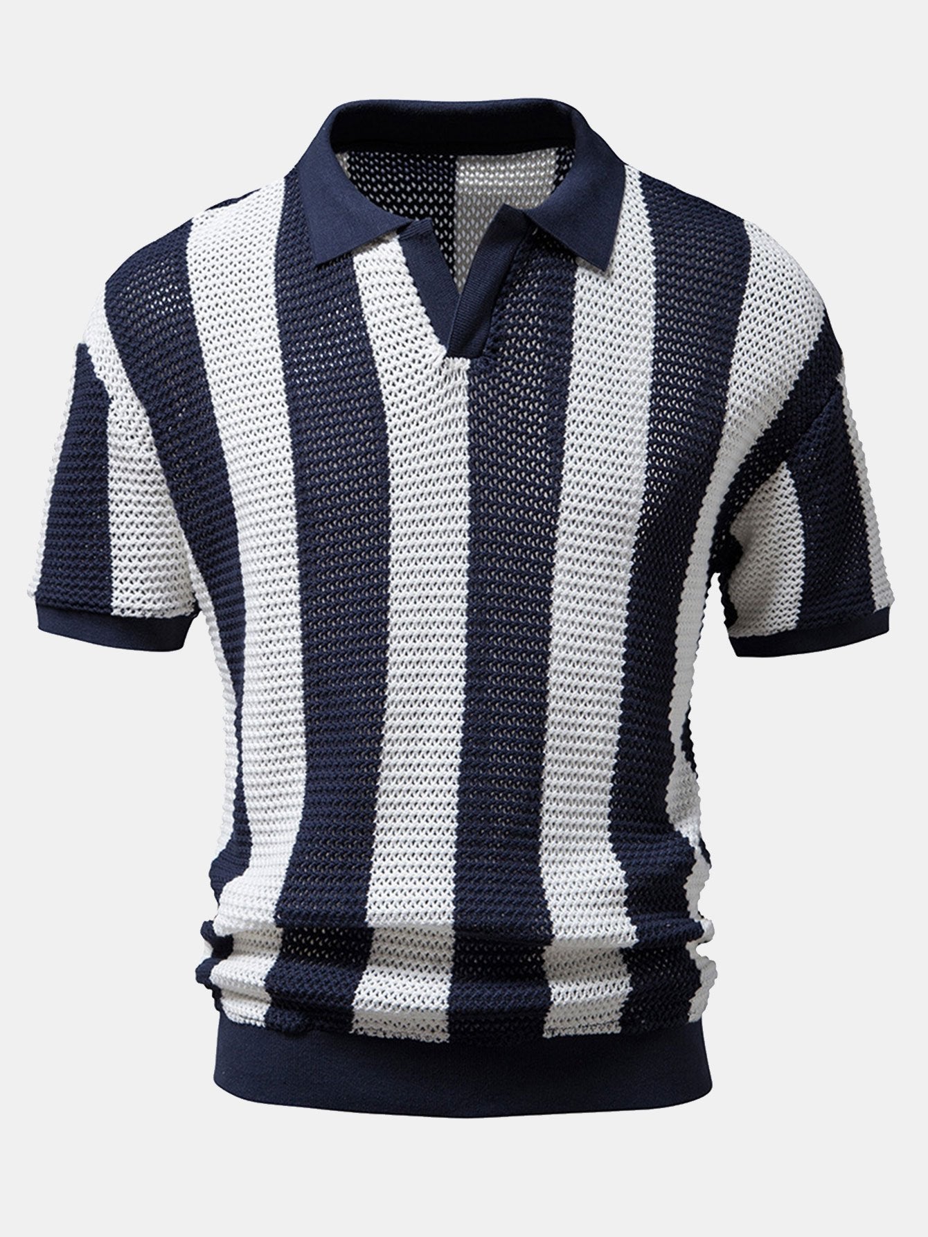 Gestreept gebreid poloshirt met V-hals